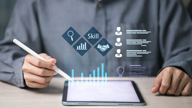 Digital skills and analytics on tablet with stylus, HR tech upskilling and workforce development concept