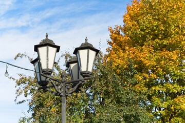   Vitebsk, Belarus, October 8, 2025. Vintage lanterns in the park in autumn.                             