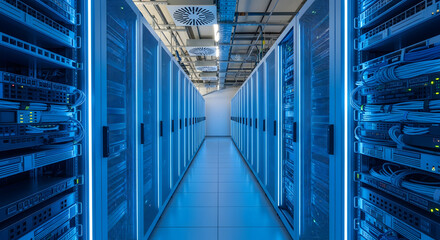 Perspective shot down a long corridor of server racks in a modern data center, illuminated with cool blue futuristic lighting
