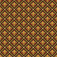 A seamless pattern with gold fleur de lis on a royal blue background 