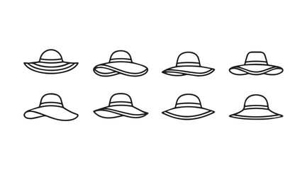 Collection of eight stylized hand-drawn wide-brimmed summer hats for sun protection vector