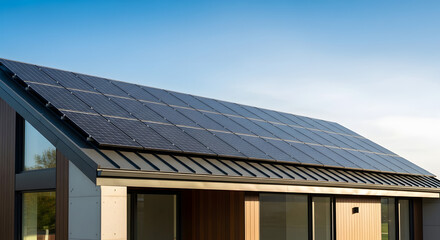 Modern home with extensive solar panel installation on the roof, representing sustainable energy generation and contemporary eco-friendly architecture under a clear blue sky