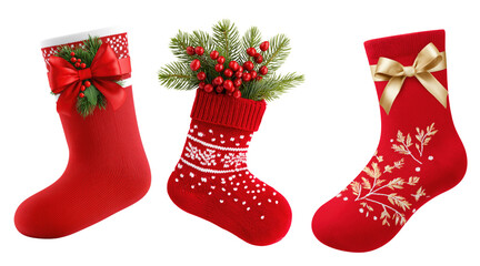 Red Christmas stockings with festive decor and gifts for traditional holiday interior, branding or packaging visuals