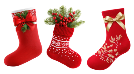 Red Christmas stockings with festive decor and gifts for traditional holiday interior, branding or packaging visuals