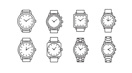 Collection of hand drawn line art wristwatches showing different shapes and styles vector