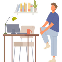 Man in Blue Shirt Light Blue Pants Stretching Leg by Desk with Computer and Bookshelf in Home Office Setting