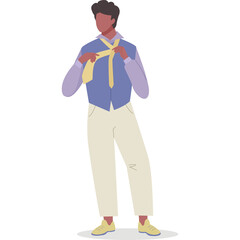 Man In Blue Vest Light Purple Long Sleeve Shirt Light Yellow Tie And Beige Pants Tying His Tie Isolated On White Background