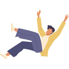 Man In Yellow Jacket And Blue Pants Falling With Arms Raised And Legs Extended Against A White Background