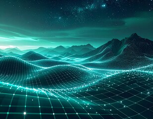 Abstract digital landscape glowing teal wireframe grid network mesh nodes data