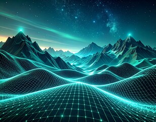 Abstract digital landscape glowing teal wireframe grid network mesh nodes data