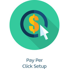 Pay Per Click Setup Icon With Gold Dollar Sign and Cursor Arrow on Teal Circle Background and Long Shadow Effect