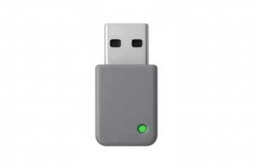 Usb flash drive with a glowing green light on a transparent background, indicating data transfer for digital storage