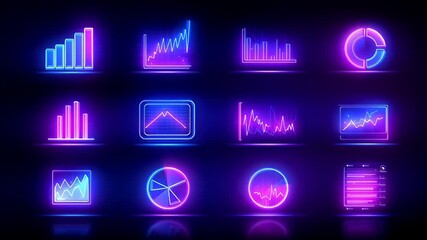 Vibrant neon graphic collection showcasing diverse data visualization techniques, highlighting statistical analysis through dynamic chart icons against dark technological backdrop. Loop