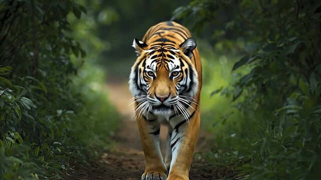 A majestic wild big cat with stunning orange and black striped fur gracefully walks along a narrow dirt path, emerging from lush green jungle foliage. Its intense, focused gaze is directed straight ah