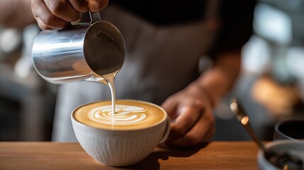 Professional barista pouring steamed milk from pitcher creating latte art in white coffee cup on wooden counter, specialty coffee preparation in café