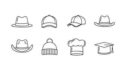 Collection of hand-drawn headwear icons featuring hats caps and graduation cap for fashion and style vector