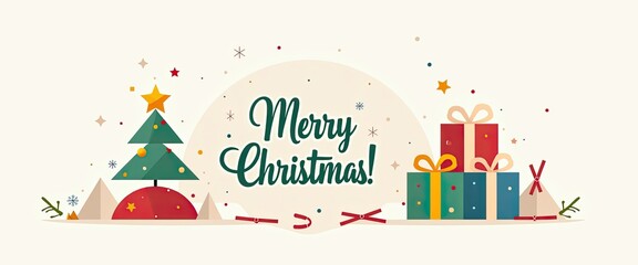 Festive merry christmas banner illustration with a decorated christmas tree, gift boxes, and festive elements on a light, perfect for holiday greetings and seasonal promotions