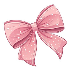 Illustration of a pink decorative bow with white polka dots. Cute glossy ribbon isolated on white background, elegant girly accessory perfect for gifts, celebration design, packaging
