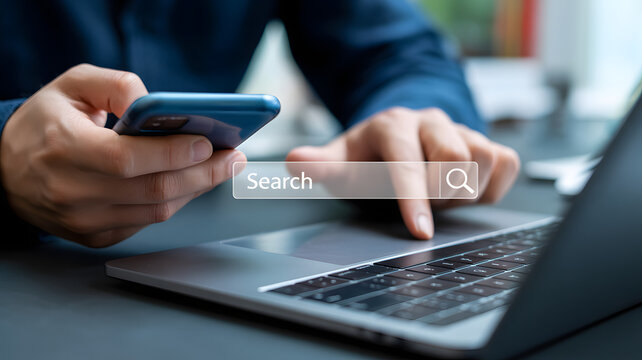 Hands using phone and laptop with search bar overlay, finding information online with ease