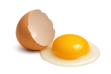Broken egg with raw yolk and egg white spilling out of brown shell, preparing for cooking on transparent background