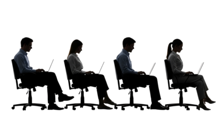 Four silhouetted figures sitting in chairs showing different postures isolated on white background