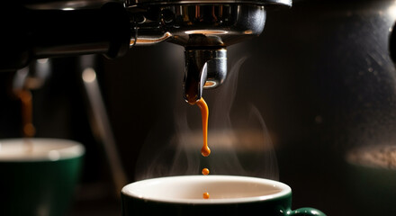 Close-up of Rich Espresso Coffee Dripping into a Ceramic Cup from a Professional Machine, Highlighting Crema and Steam