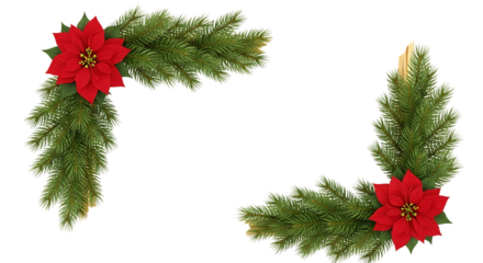 Festive christmas garland corners with red poinsettias and green fir branches isolated on white background