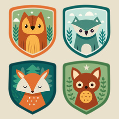 Cute woodland animal badges set vector illustration forest creatures emblem collection scalable art