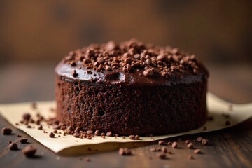 Rustic Chocolate Cake with Chunky Sprinkles A slightly imperfect, home style dark chocolate cake with visible crumb texture. Generously topped with a mix of larger, irregular shaped artisanal