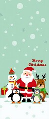 Cute cartoon illustration of santa claus, a snowman, a reindeer, and two penguins standing together in the snow with a merry christmas message