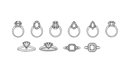 Collection of hand-drawn engagement rings and diamond jewelry sketches with various gemstone settings vector