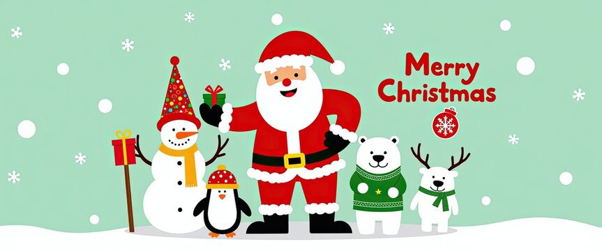 Cute cartoon santa claus with snowman, penguin, polar bear, and reindeer celebrating christmas with falling snow and merry christmas text