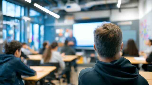 Modern classroom with students attentively listening to a teacher during an engaging lesson in a bright, innovative learning environment. Education technology enhances the interactive experience