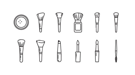 Hand drawn cosmetics assortment makeup brushes lipstick nail polish and powder compact collection vector