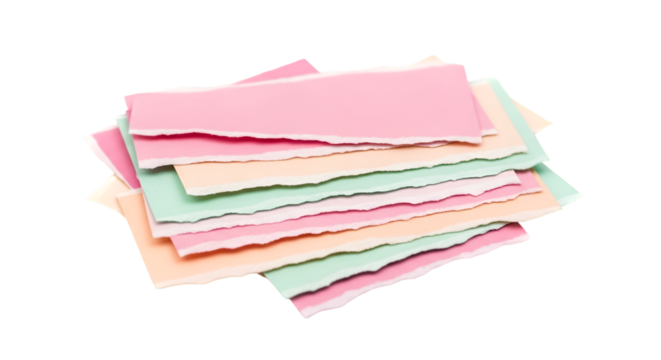 Layered pastel-colored torn papers in pink, peach, and mint shades stacked creatively on a white background.