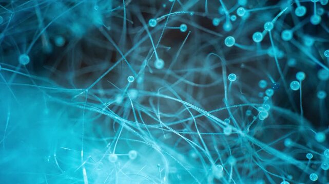 Microscopic Fungal Network Growth Timelapse Scientific Biology Visualization Blue