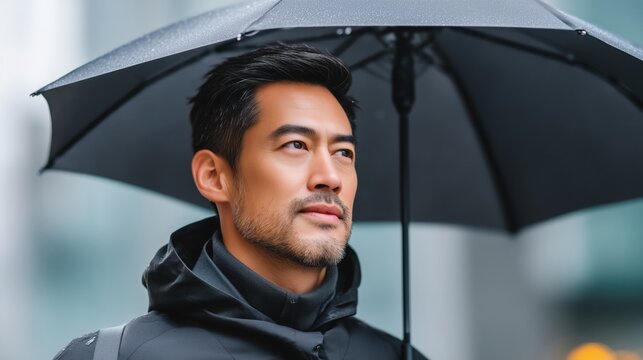 Man standing under an umbrella in an urban setting during rain - Powered by Adobe