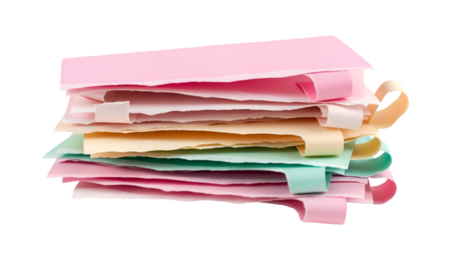 Layered pastel-colored torn papers in pink, peach, and mint shades stacked creatively on a white background.