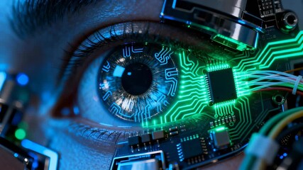 Seamless loop of human eye integrated with electronic circuit board, glowing green and blue circuit pathways overlay biological iris. Macro close-up revealing technological fusion. - Powered by Adobe