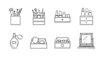 Set of eight hand-drawn makeup and beauty icons featuring brushes organizers perfume and a compact mirror vector