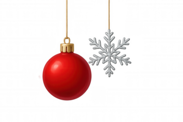 Christmas red bauble and silver snowflake ornament hanging, festive season decoration, transparent background