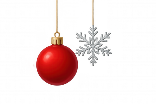 Christmas red bauble and silver snowflake ornament hanging, festive season decoration, transparent background