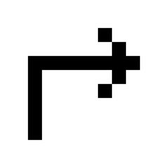 Obraz premium A black pixelated arrow graphic pointing right and then turning down in an L-shape on a white background.