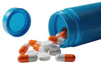 Pills spilling from container, medication isolated on transparent background