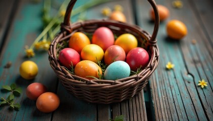 Cozy Easter Basket Arrangement on Rustic Wooden Table A close up, still life composition of a rustic, woven Easter basket brimming with vibrantly colored, speckled eggs and delicate spring blossoms.