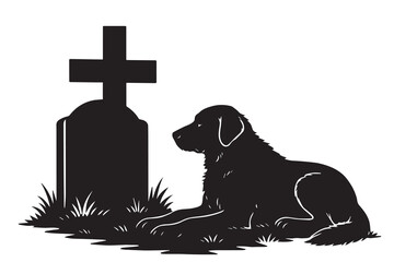 Silhouette vector depicting a devoted dog sitting near the grave of its recently deceased owner, drawn in black and white with deep emotional tone.