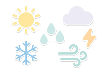 Pastel colored weather forecast symbols set including sun cloud rain snow wind and lightning