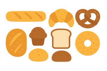 Assortment of fresh baked goods including bread, croissant, bagel, pretzel, and muffin