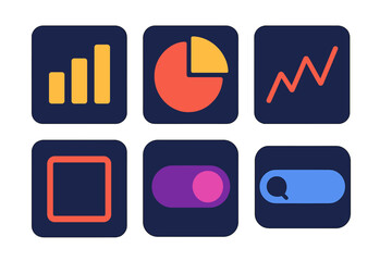 Colorful set of six user interface icons featuring data charts, toggle switch, and search bar symbols