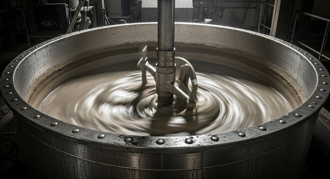 Industrial mixer blending liquid in large metal container